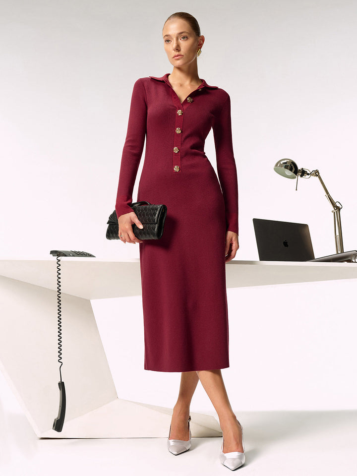 Robe Longue Tricotée à Boutons et Col Chemise