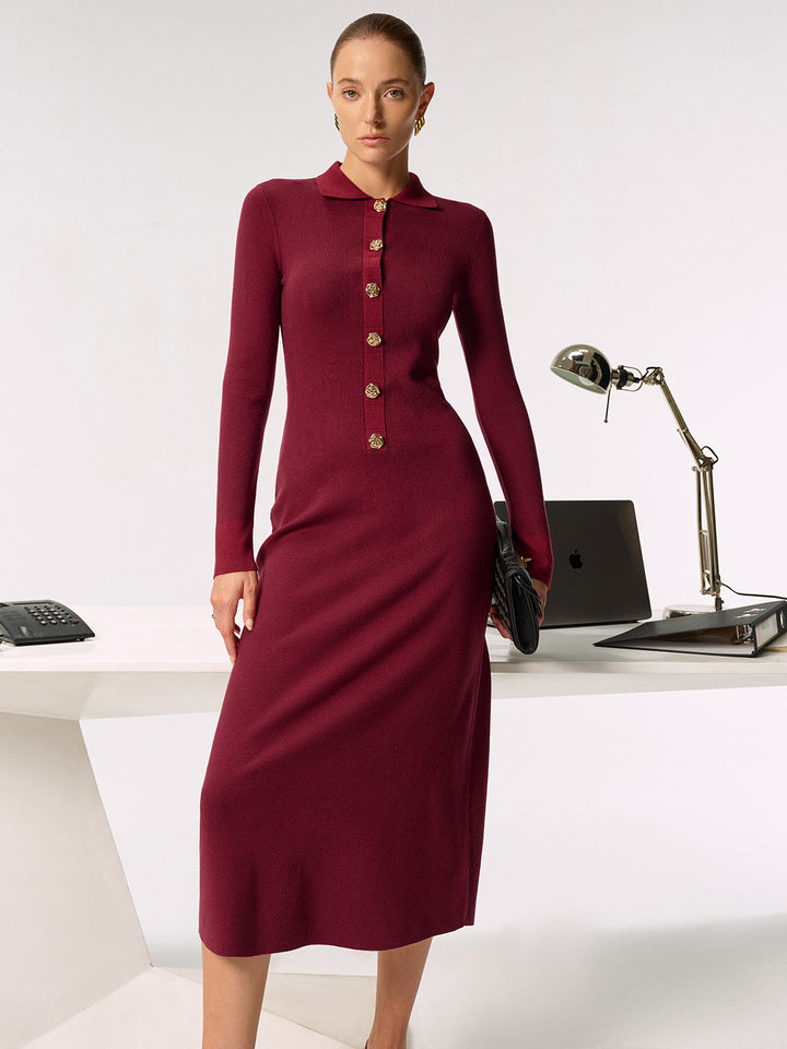 Robe Longue Tricotée à Boutons et Col Chemise