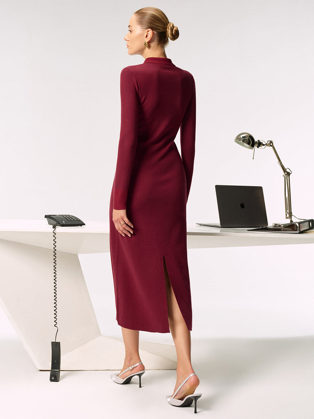 Robe Longue Tricotée à Boutons et Col Chemise