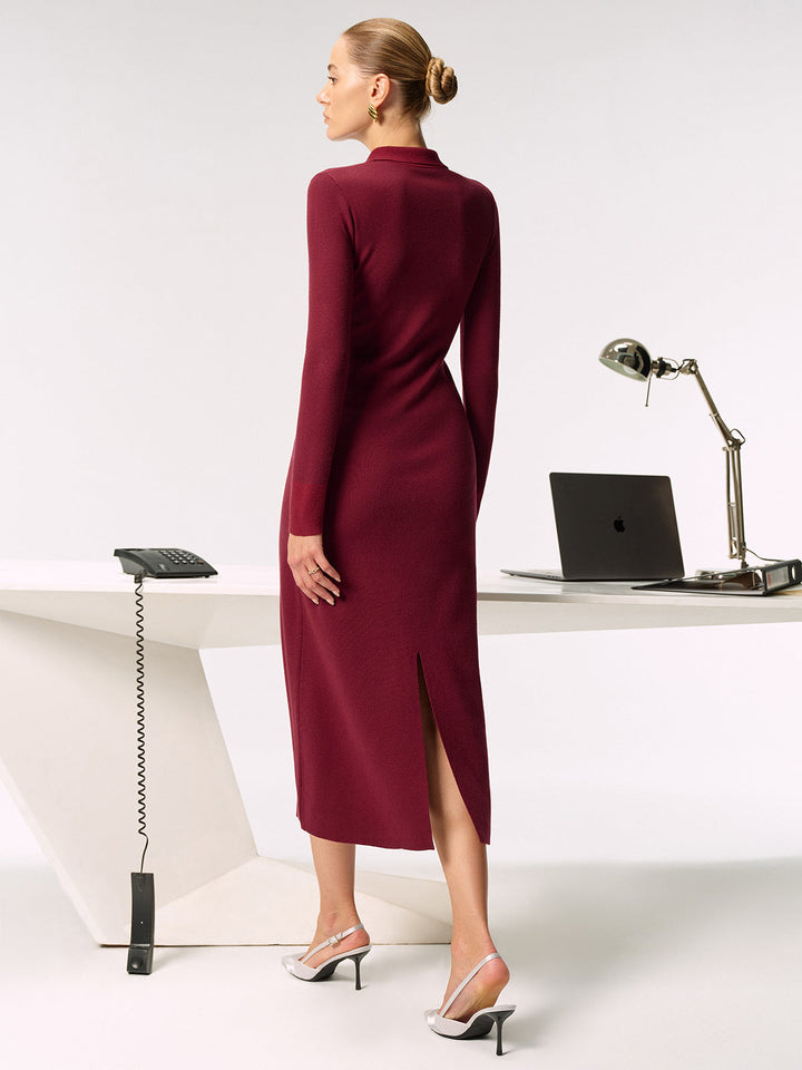 Robe Longue Tricotée à Boutons et Col Chemise