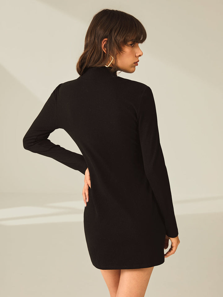 Mini-robe à manches longues et col roulé avec fente et empiècement côtelé